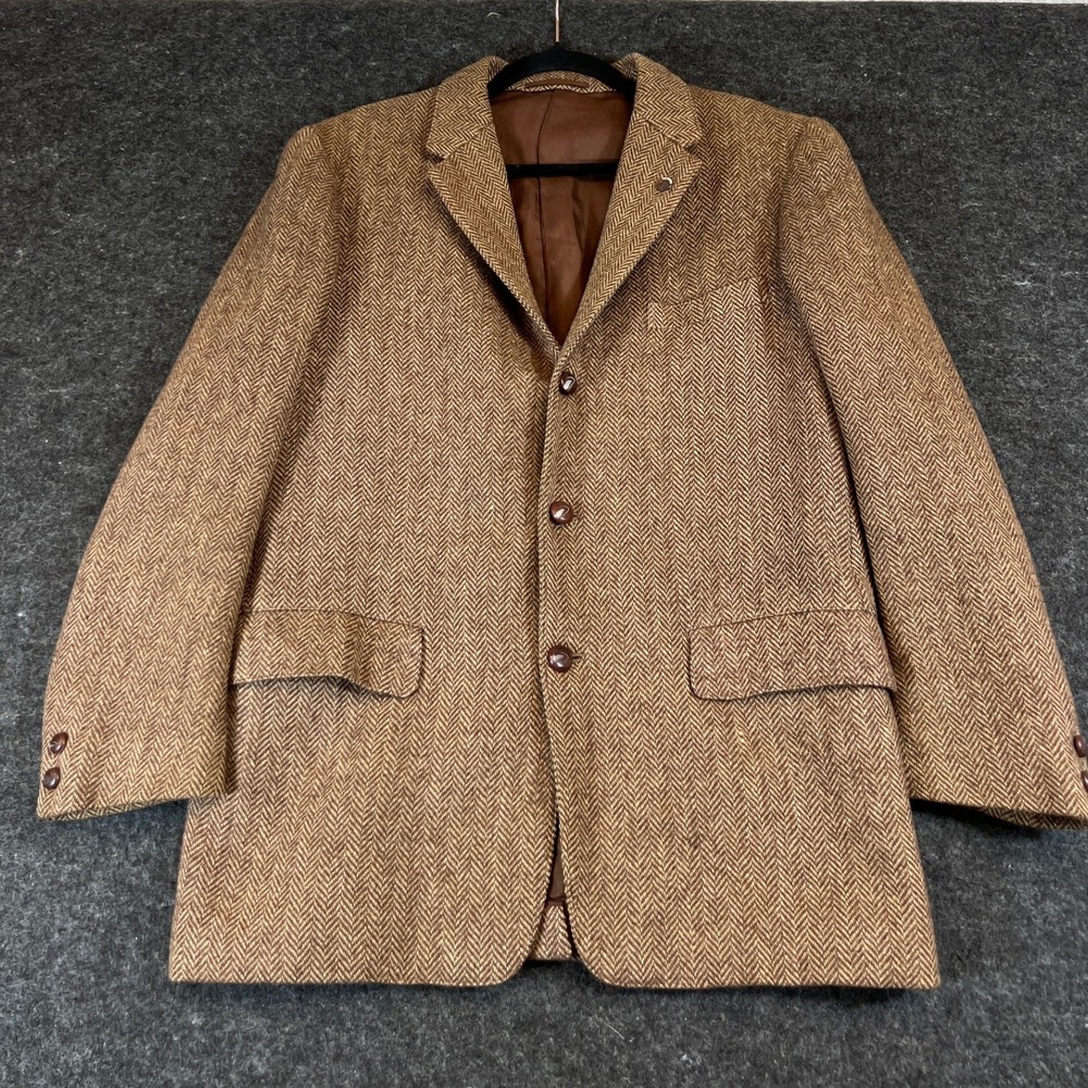 VTG 60s Harris Tweed Brown Herringbone Wool Blazer Sport Coat Mens 42R US Ceemo
